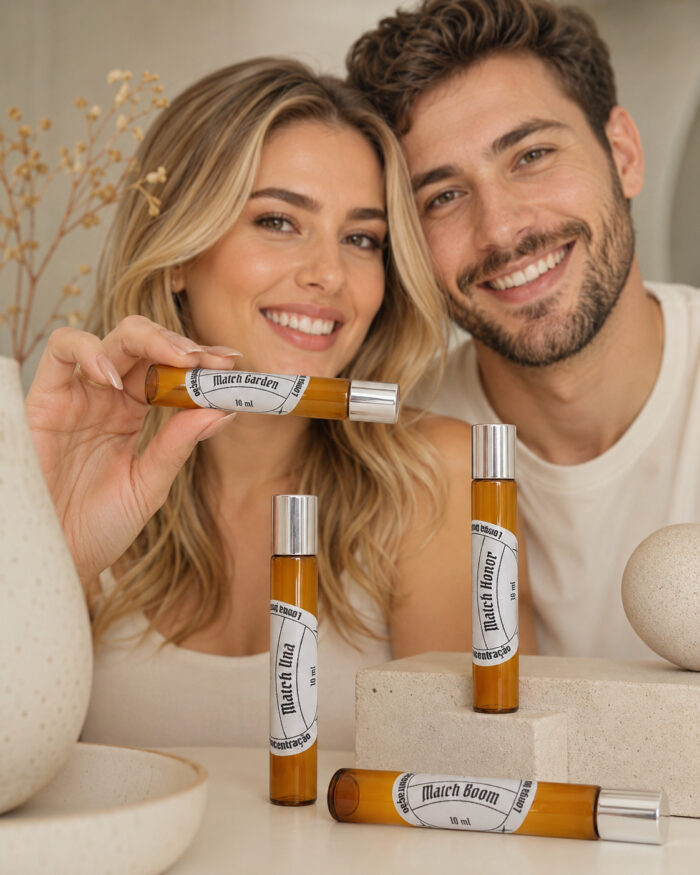 casal sorrindo com rostos juntos mulher mostrando frasco de perfume portátil feito de vidro âmbar com tampa prateada na horizontal com mão direita e três frascos sob pedra de granito clara