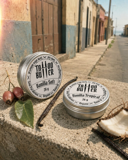 Duas latinhas de alumínio Matchii, com rótulos brancos redondos escritos Vanilla Soft e Vanilla Tropical, apoiadas sobre muro de concreto com baunilha, coco, folha e frutos ao redor.