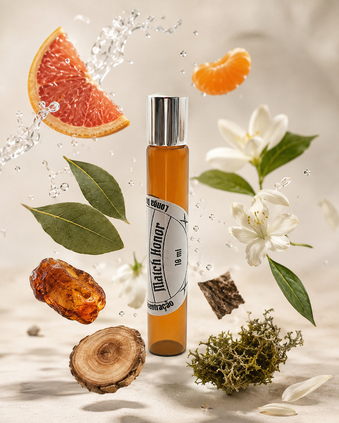 perfume-roll-on-match-honor-eau-de-parfum-10ml-matchii-fragrancia-citrica-aquatica-exploded-view frasco âmbar de perfume portátil na posição vertical no centro da imagem rodeado por gomo de tangerina âmbar cedro lírio hotelã pedaço de toranja
