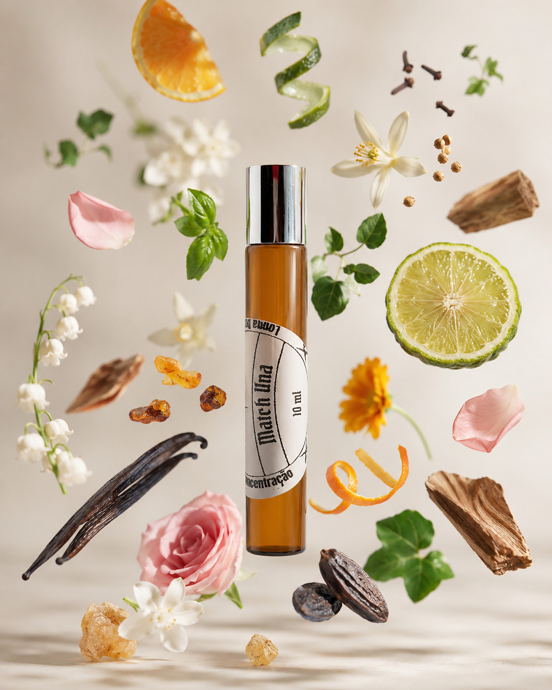 perfume-roll-on-match-una-floral-citrico-matchii perfume feminino no frasco cilíndrico em vidro âmbar com tampa cromada com rótulo branco redondo match una com fatia de limão rosa fatia de laranja fava tonka lírio cravo ao redor do frasco