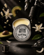 Matchii Neroli Sunny MATCHII aberta com flor de laranjeira, abacate e equipamentos de tatuagem.
