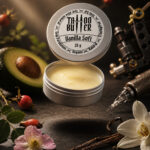 Matchii Vanilla Soft MATCHII com abacate, baunilha, rosa-mosqueta e equipamentos de tatuagem.